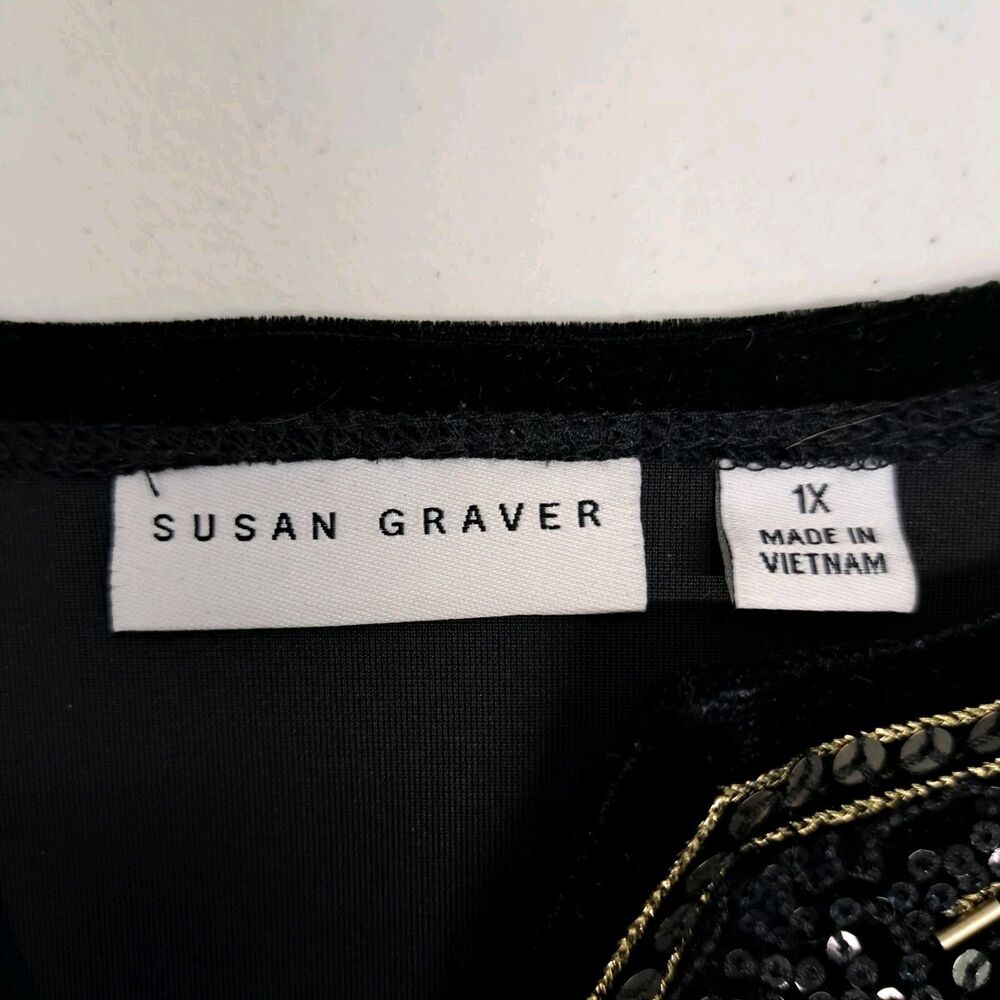 Susan Graver Embellished Beaded 3/4 Sleeve Velvet Black Women's XL Top - Picture 3 of 8
